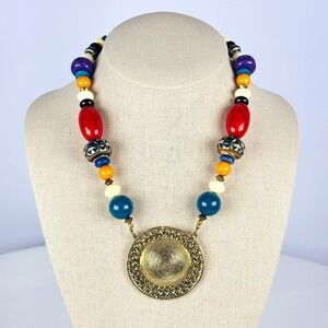 Carol Dauplaise Vintage Designer‎ Multicolor Bead Gold Medallion Necklace Boho